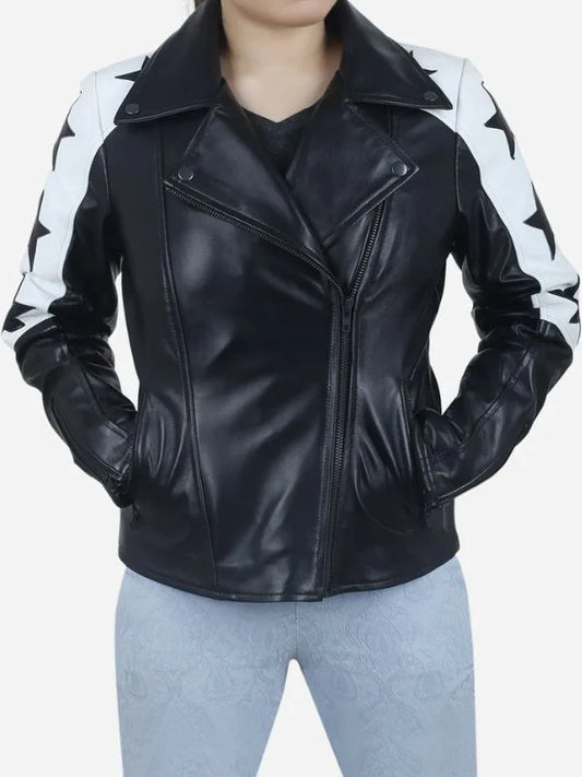 Women's Black Motorcycle Leather Jacket with Star Patches