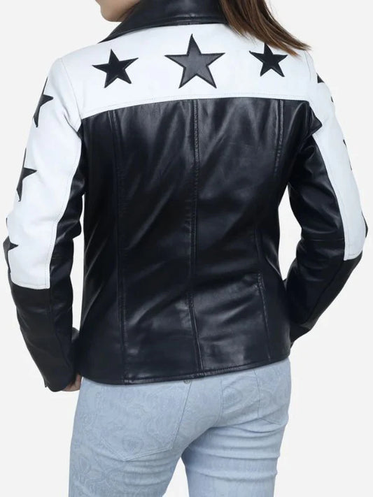 Women's Black Motorcycle Leather Jacket with Star Patches
