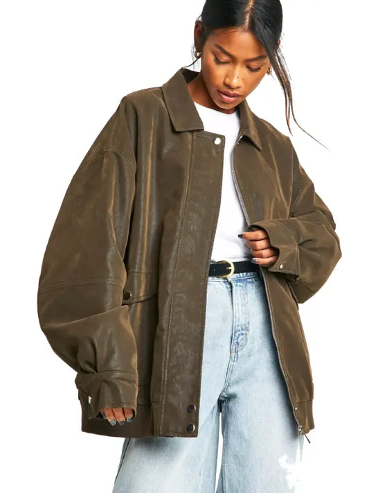 Vintage Look Oversized Leather Bomber Jacket