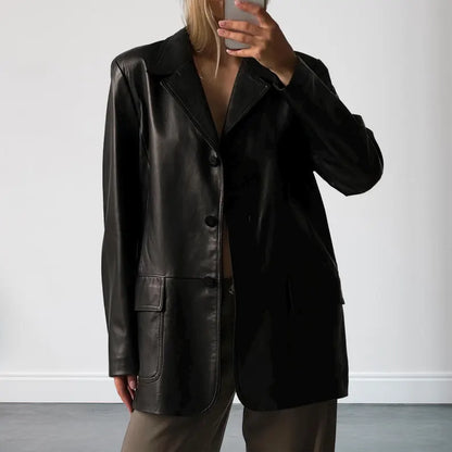 Women Vintage 90s Oversized Black Blazer Leather Coat