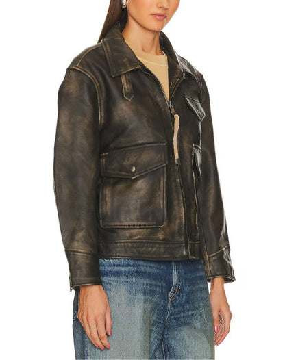 Distressed Brown Oversized Leather Jacket