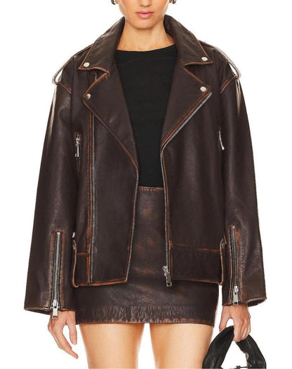 Distressed Brown Oversized Leather Jacket