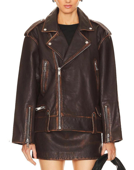 Distressed Brown Oversized Leather Jacket