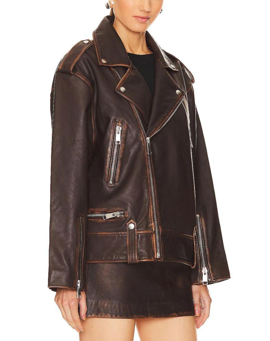 Distressed Brown Oversized Leather Jacket