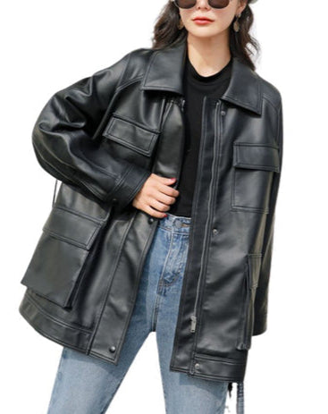 Ella Black Oversized Leather Jacket