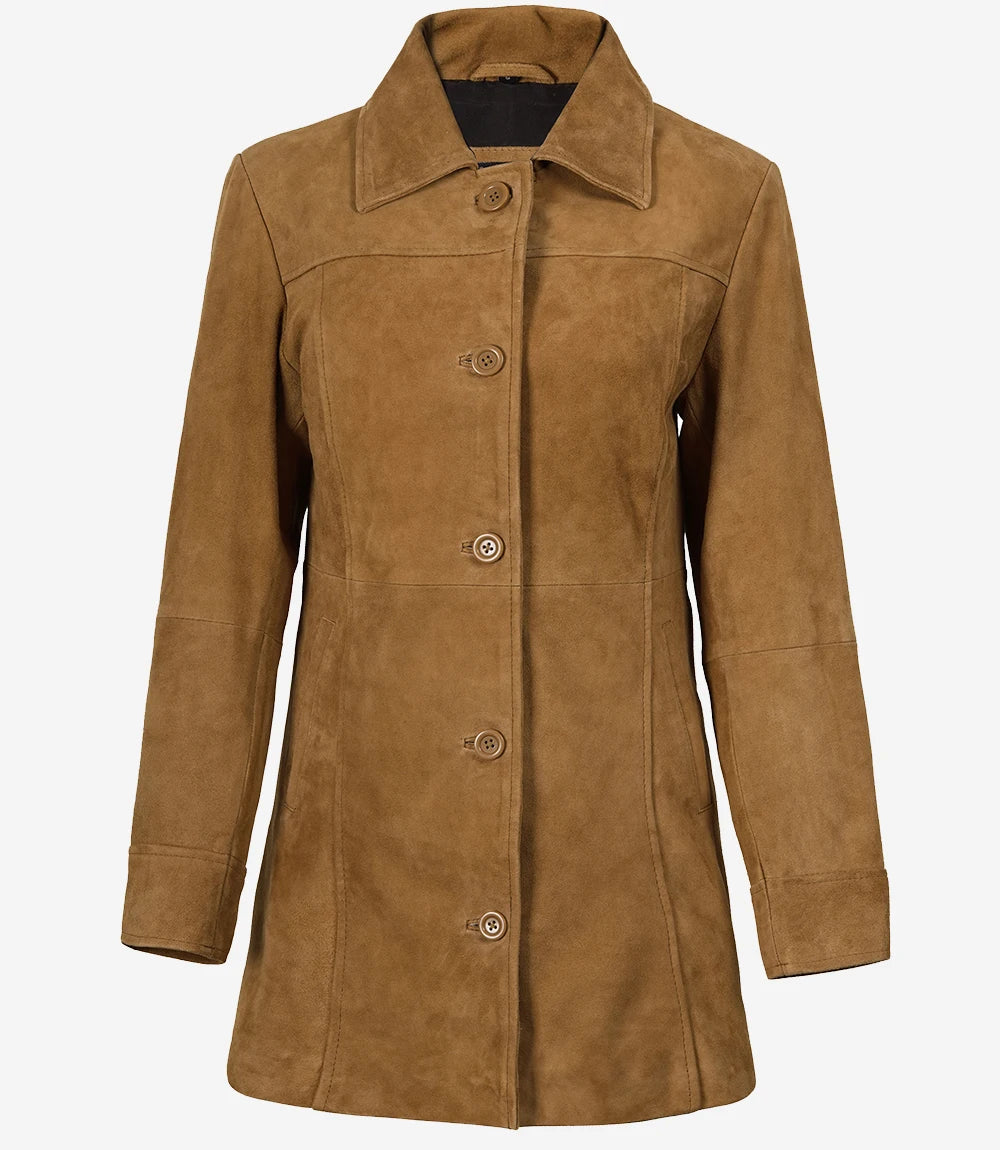 Women's 3/4 Length Button Down Brown Suede Coat