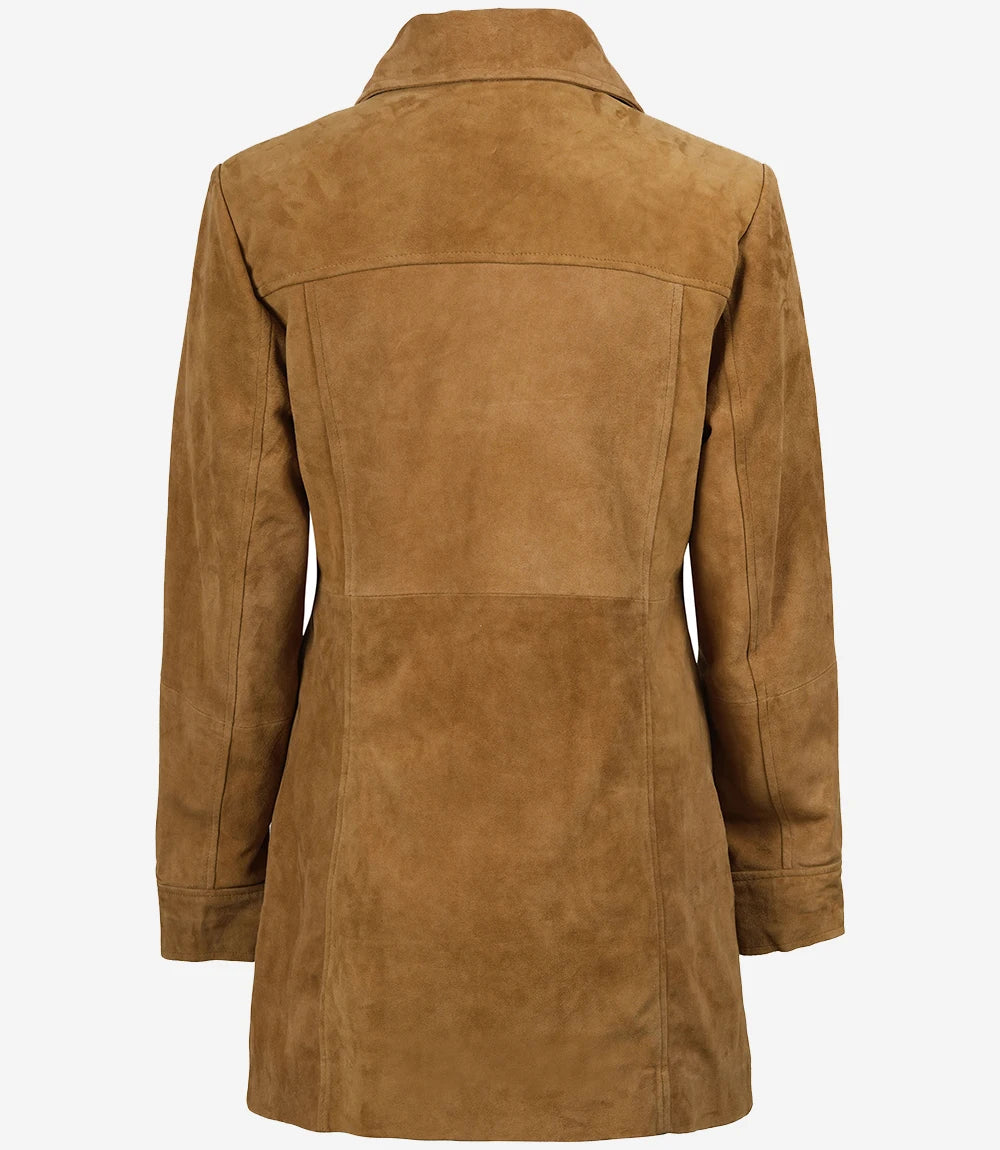 Women's 3/4 Length Button Down Brown Suede Coat