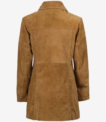 Women's 3/4 Length Button Down Brown Suede Coat