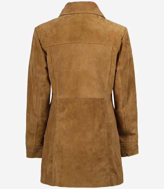 Women's 3/4 Length Button Down Brown Suede Coat