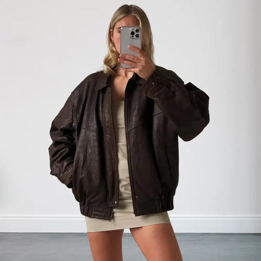 Women's 90s Oversized Brown Vintage Bomber Leather Jacket