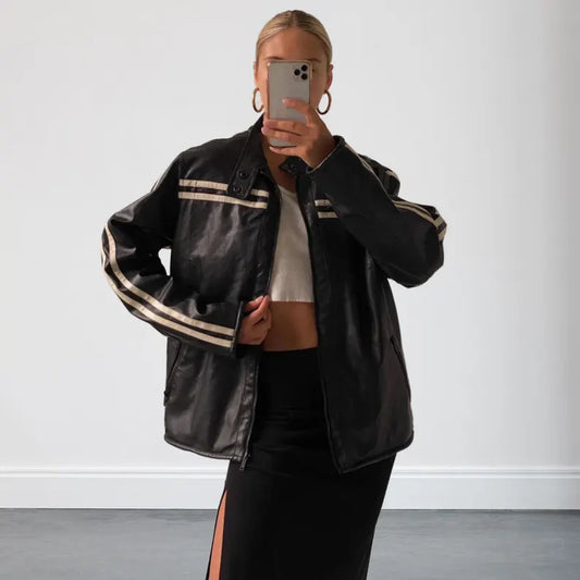 Women's 90s Style Black Oversized Biker Leather Jacket