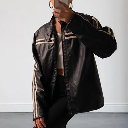 Women's 90s Style Black Oversized Biker Leather Jacket