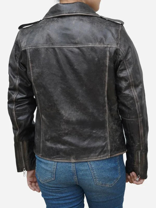 Women's Distressed Black Asymmetric Leather Biker Jacket