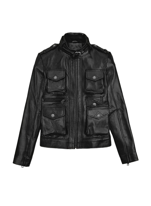 Women's Biker Leather Jacket with Multiple Pockets