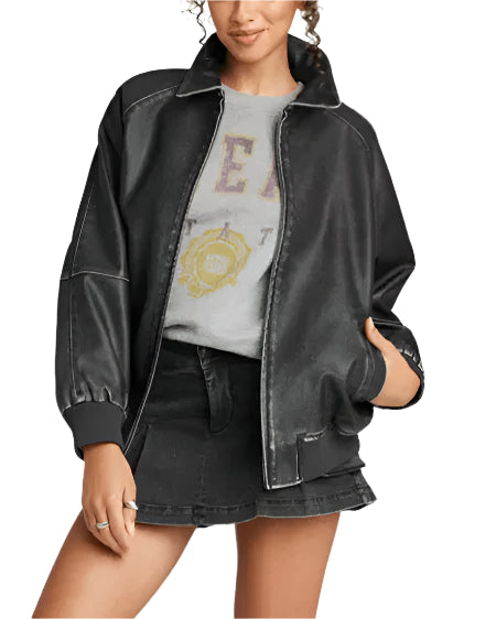Women's Black Distressed Bomber Leather Jacket