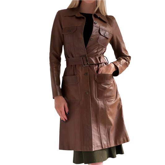 Women's Brown Genuine Soft Leather Long Overcoat