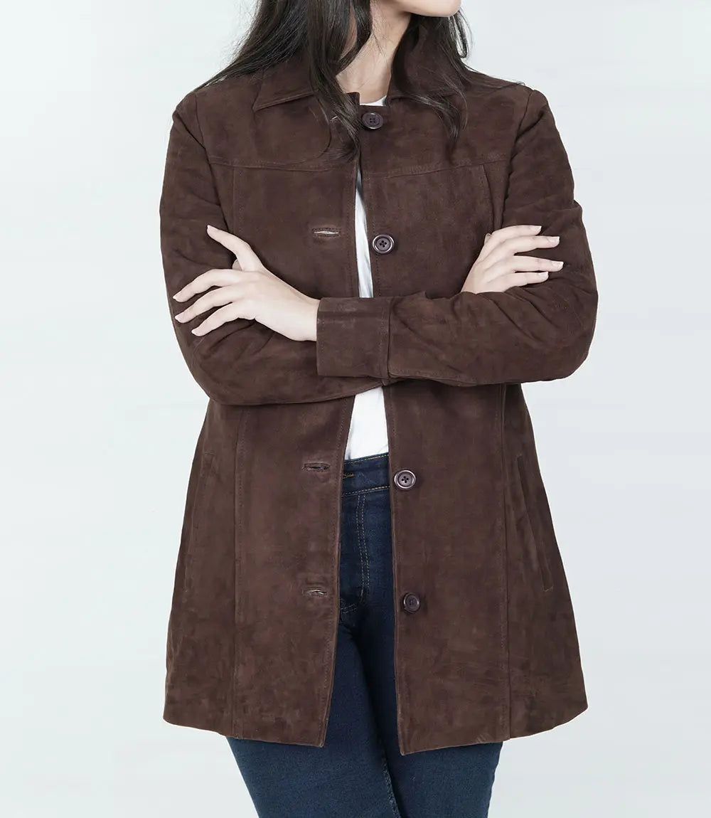 Women's Dark Brown Suede Button Down Coat