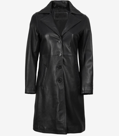 Women's Long Black Leather Car Coat