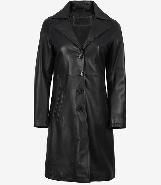 Women's Long Black Leather Car Coat