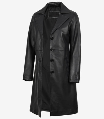 Women's Long Black Leather Car Coat