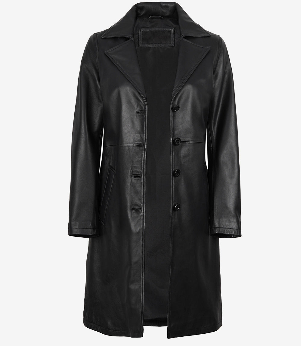 Women's Long Black Leather Car Coat