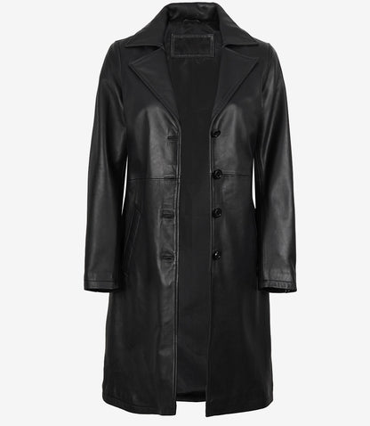 Women's Long Black Leather Car Coat