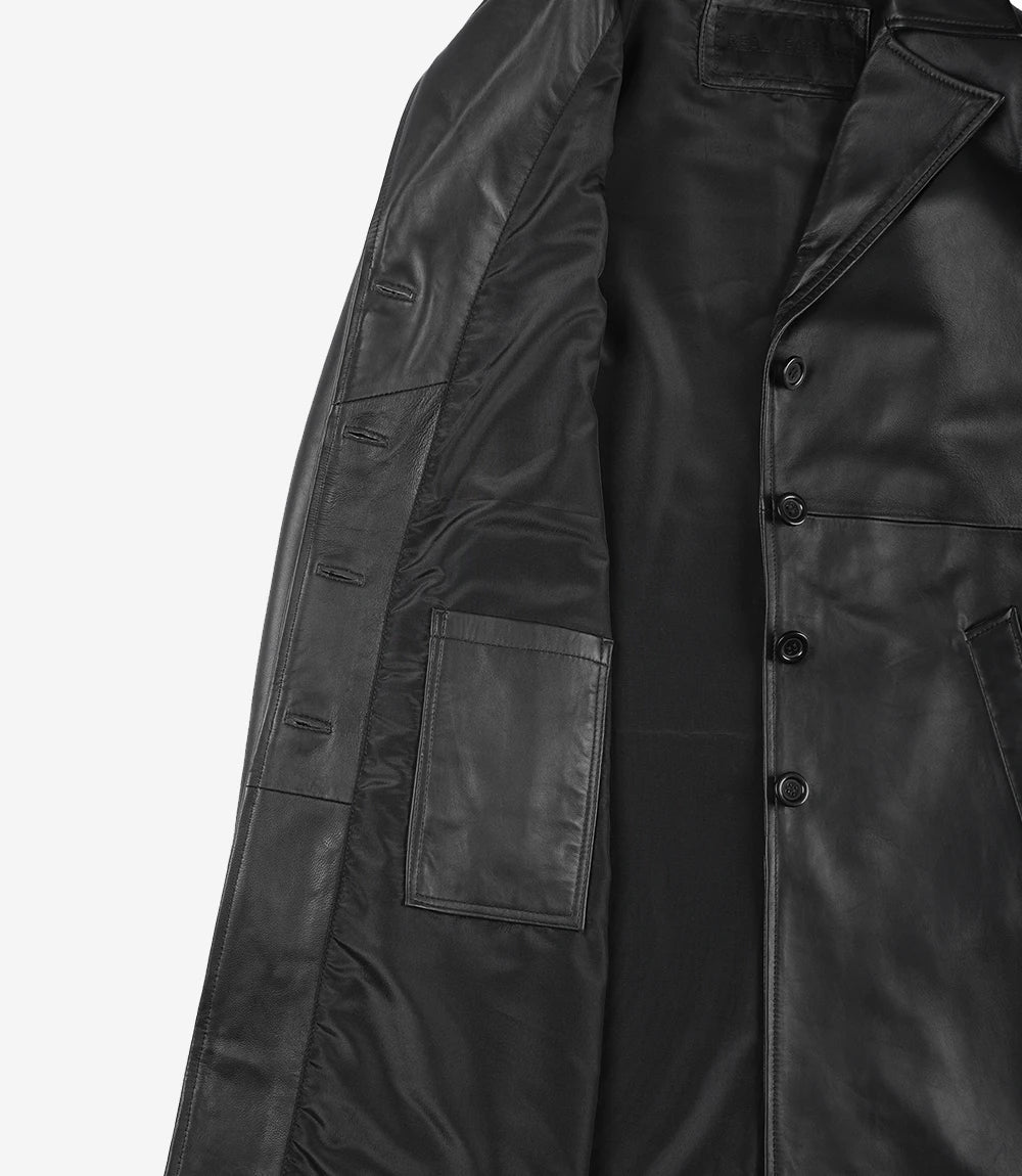 Women's Long Black Leather Car Coat