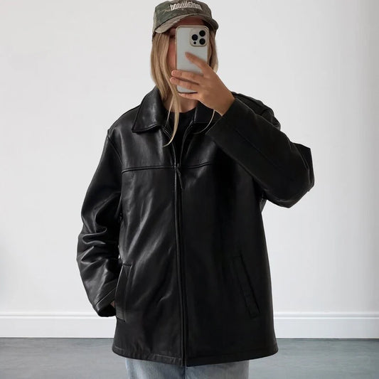 Women's Oversized Black Leather Jacket