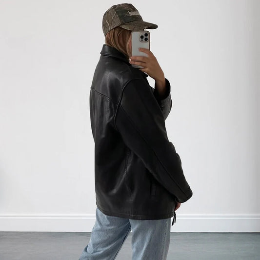 Women's Oversized Black Leather Jacket