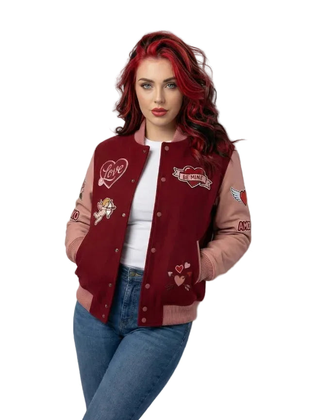 Women’s Valentine Varsity Jacket – Love Patch Embroidered