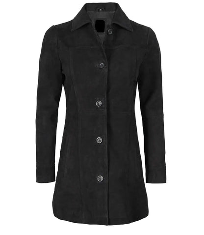 Womens Black Suede Button Down Coat