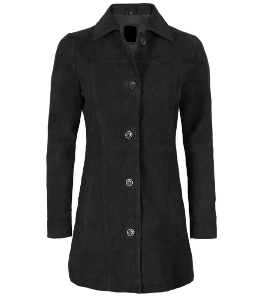 Womens Black Suede Button Down Coat