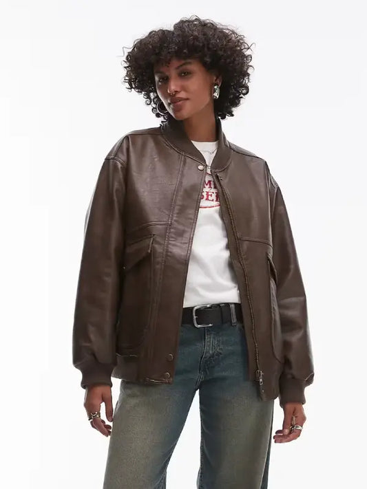 Womens Leather Oversized Bomber Jacket