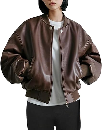 Womens Oversized Real Lambskin Leather Jackets Zip Up Trendy Bomber Motorcycle Jacket