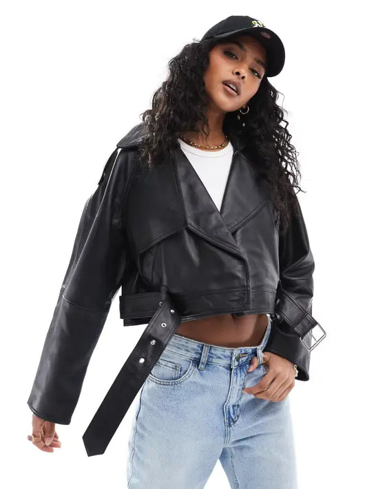 Womens Overszied Cropped Leather Jacket