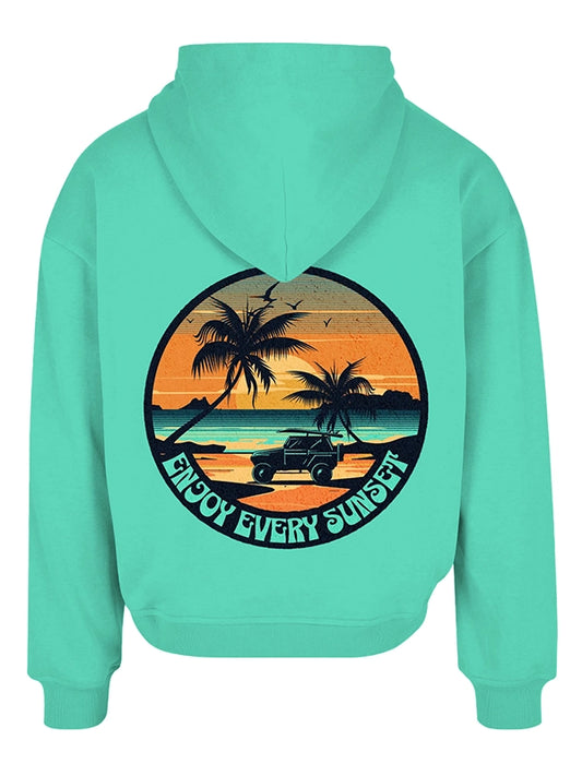 Enjoy Every Sunset Hoodie Teal Beach Graphic Pullover