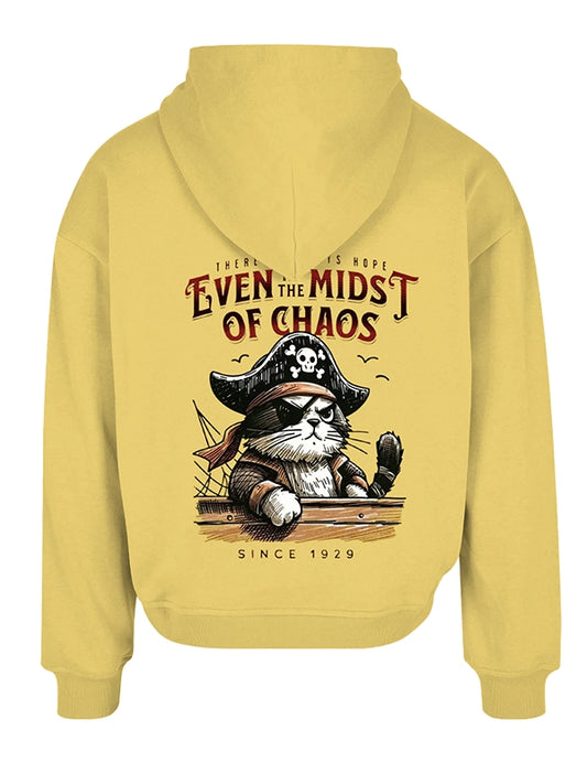 Yellow hoodie with a pirate cat graphic and text on the back